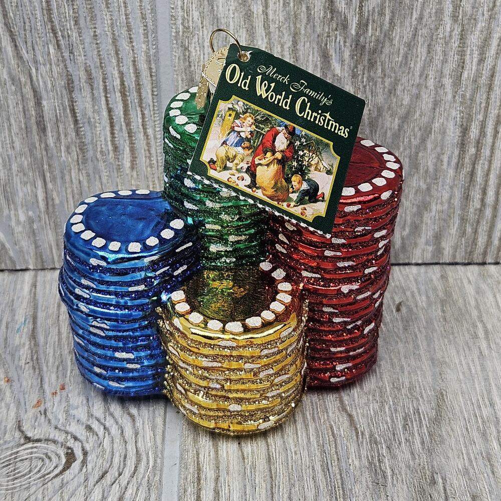 Vintage Old World Christmas Poker Chips Glass Ornament Handmade Glitter Casino 2